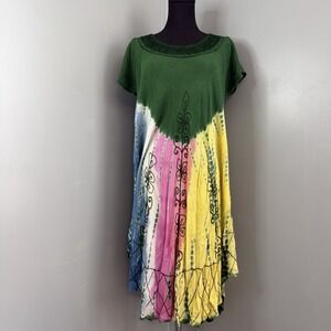 NF Free Size Colorful Tie-Dye Dress Floral Embroidered Boho Artsy Hippie Flowy